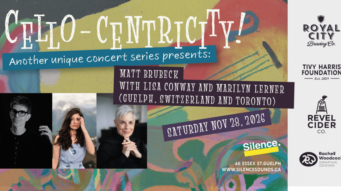 Cello-centricity! banner image featuring Matt Brubeck, Lisa Conway, and Marilyn Lerner