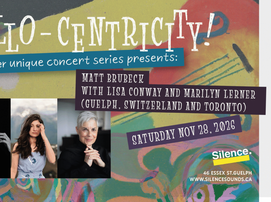Cello-centricity! banner image featuring Matt Brubeck, Lisa Conway, and Marilyn Lerner