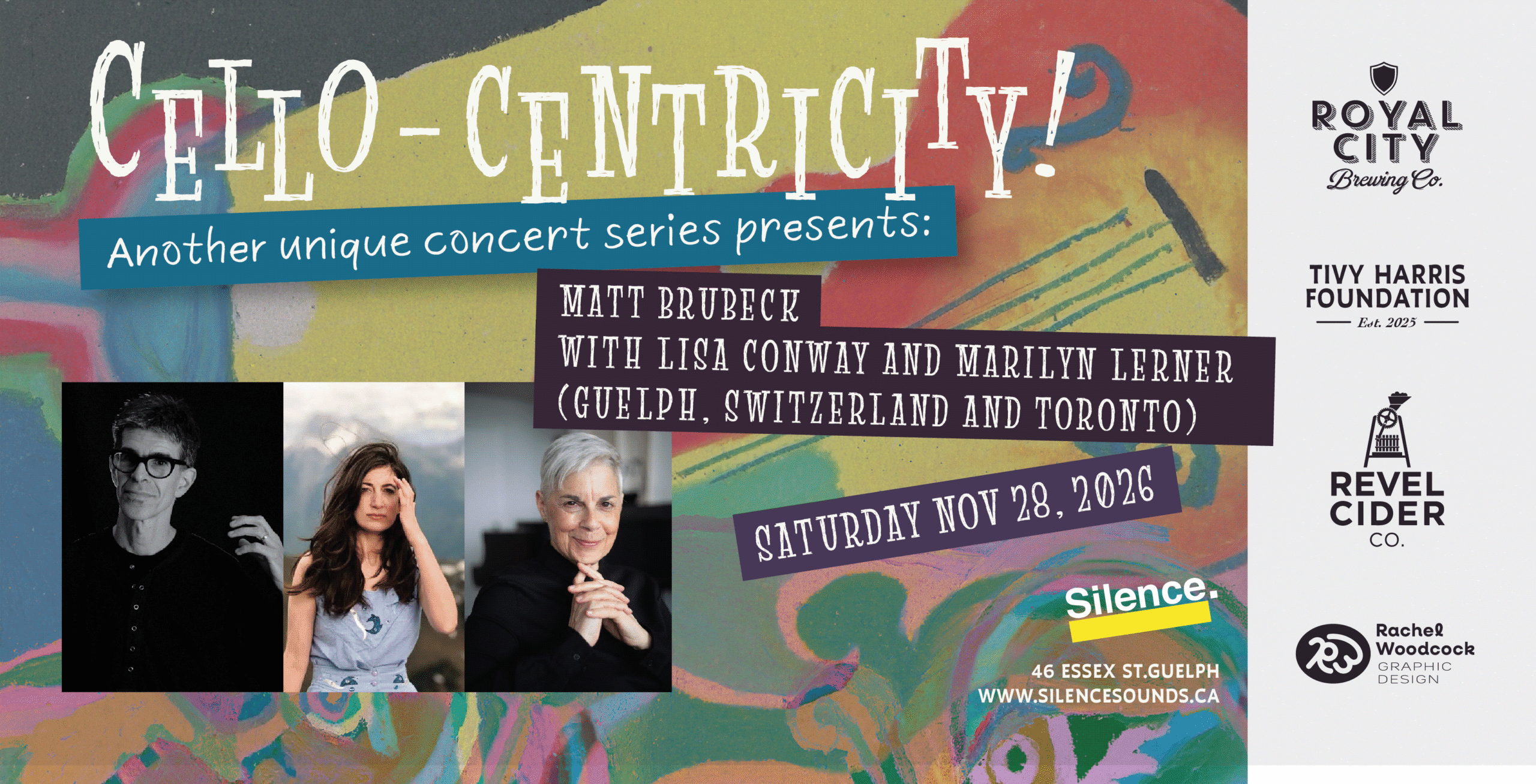 Cello-centricity! banner image featuring Matt Brubeck, Lisa Conway, and Marilyn Lerner