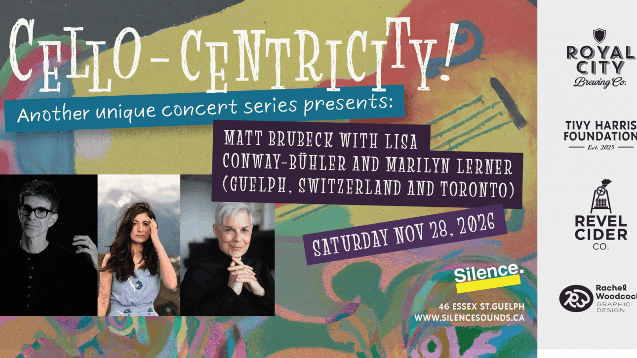 Cello-centricity! banner image featuring Matt Brubeck, Lisa Conway-Bühler, and Marilyn Lerner