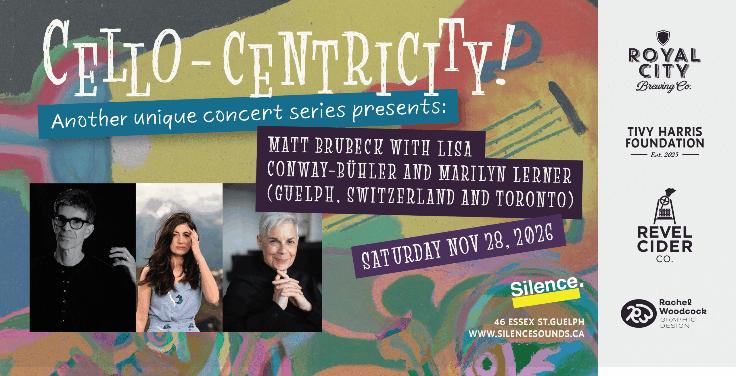 Cello-centricity! banner image featuring Matt Brubeck, Lisa Conway-Bühler, and Marilyn Lerner